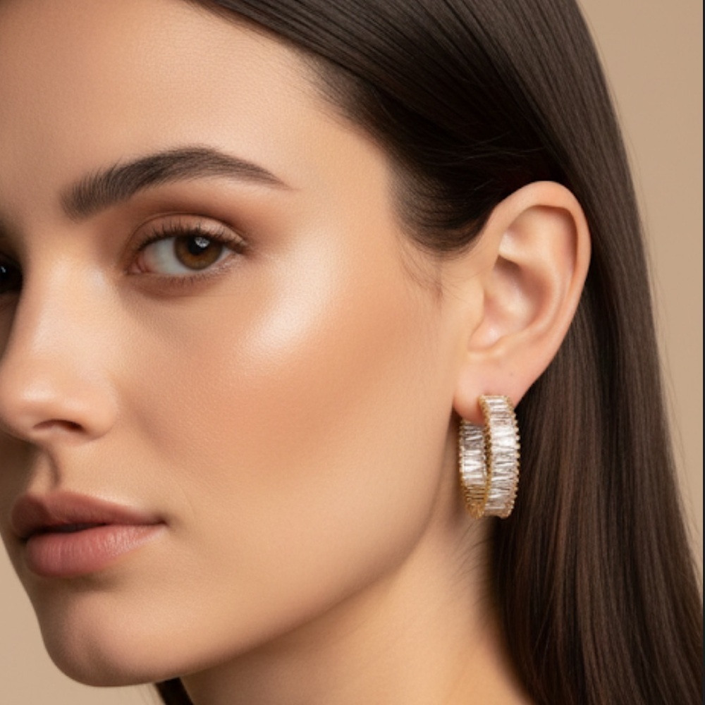 18k gold filled Gold Baguette CZ Hoop Earrings nip